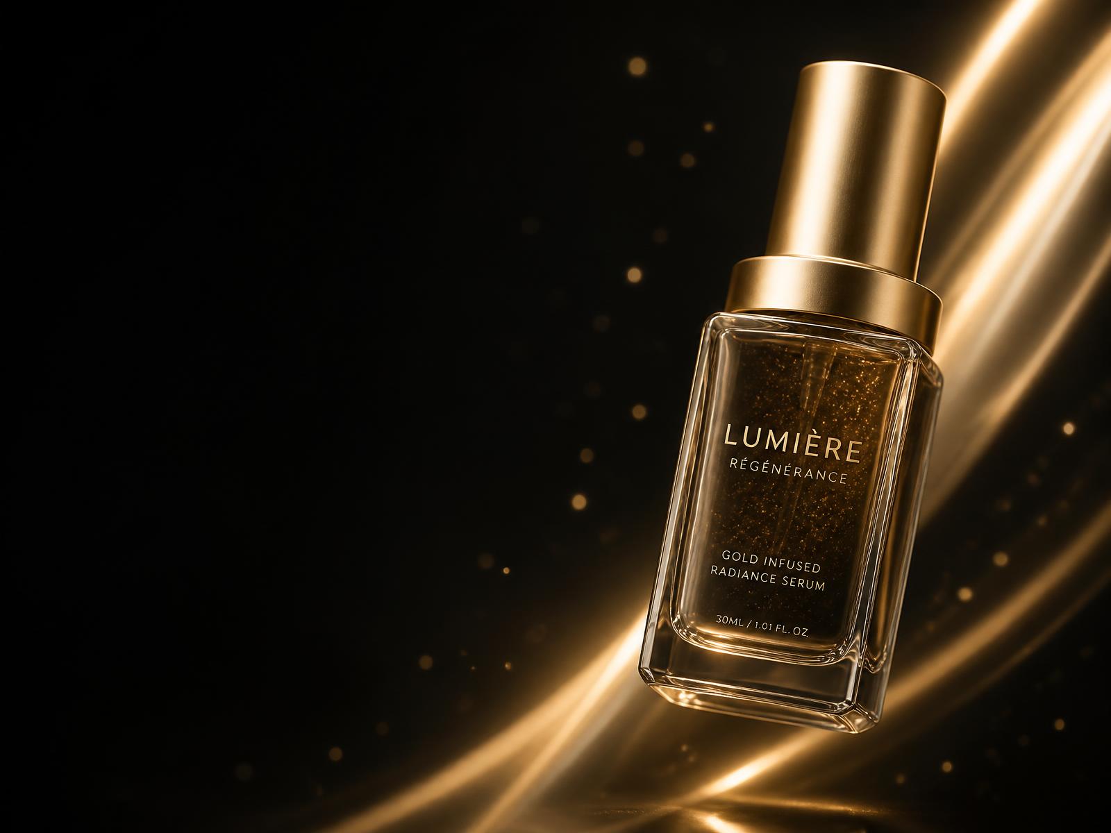 Luxury skincare product campaign still lit with champagne-gold light